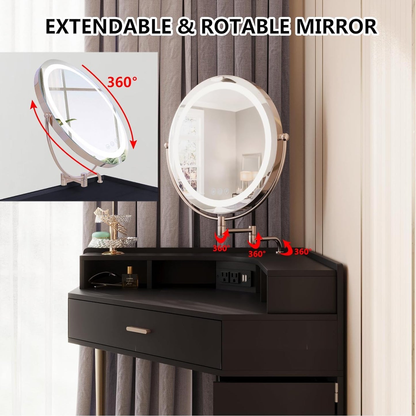 Vliekcy Black Corner Vanity Desk Makeup Vanity Table with Extendable Mirror and Lights Makeup Dressing Table with Drawers Charging Station Stool Vanity Set for Girls Women