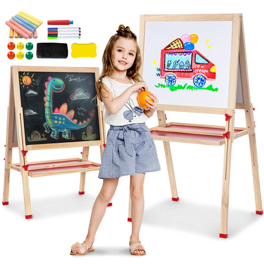 Wooden Art Easel for Kids, Double Sided Foldable Easels for Toddlers 3,4,5,6,7,8,9,10 Years,Adjustable Standing Kids Easel with Accessories, Perfect Painting Gifts for Boys&Girls