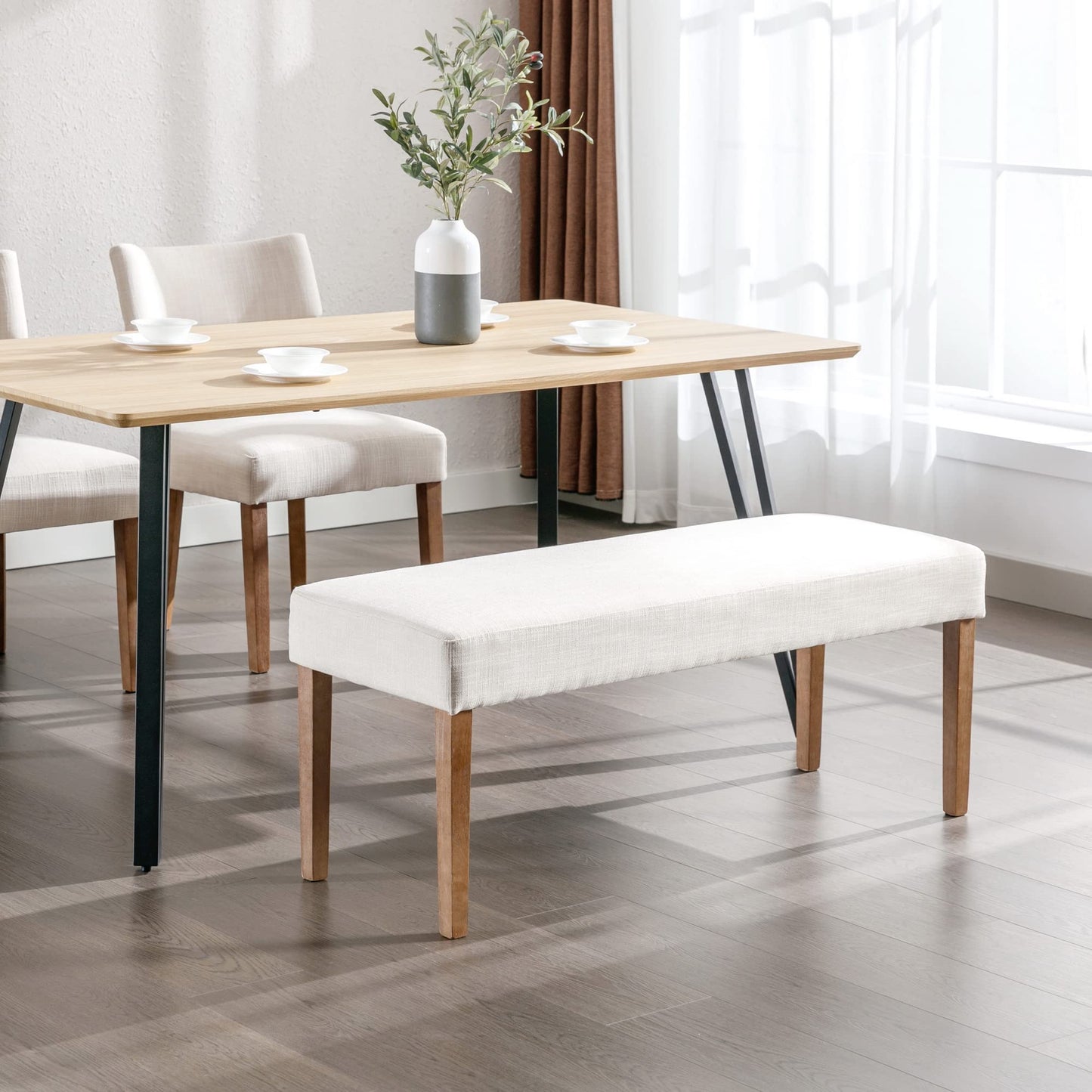 Wahson Farmhouse Linen Upholstered Dining Bench, 45" Long Dining Room Bench Seat with Natural Wood Legs, Beige