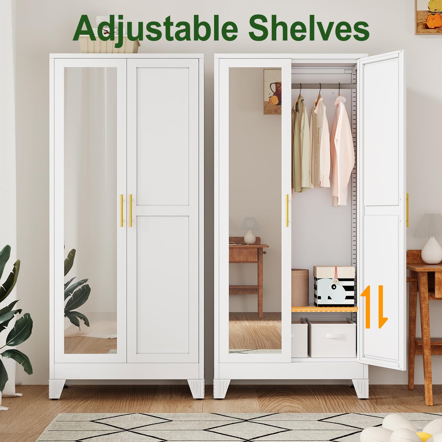 winiowa Metal Armoire Wardrobe Closet with 2 Mirror Doors, 71"' Wardrobe Cabinet with Adjustable Shelves and Hanging Rod, Clothing Storage Cabinet Closet with Mirror for Bedroom-White