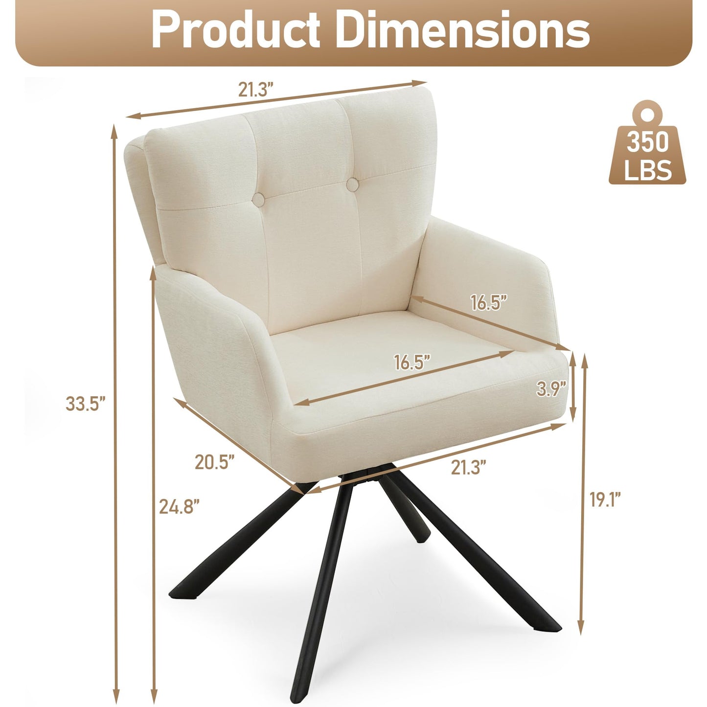 WUTUTUEE Fabric Dining Chair Modern Upholstered Swivel Dining Room Chairs Comfy Accent Armchair with Mid Back, Desk Arm Chair No Wheels for Kitchen/Living Room/Dining Room, White