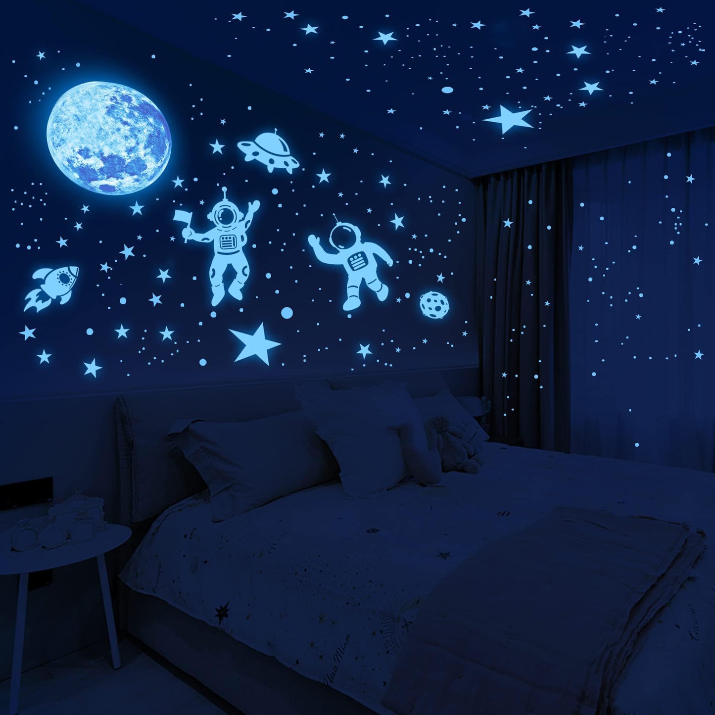 1017Pcs Glow in The Dark Stars for Ceiling Glow in The Dark Moon and Planet Wall Decal Luminous Astronaut Universe Galaxy Space Wall Stickers for Kids Boys Bedroom Blue