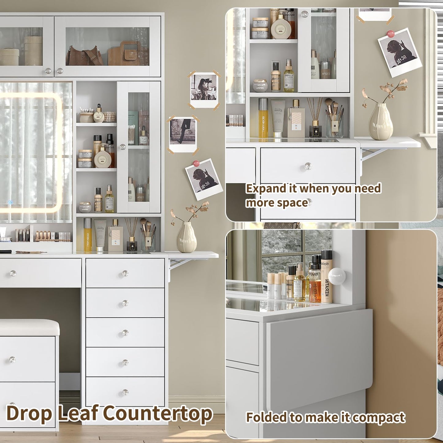 Yanosaku Vanity Desk with LED Mirror, 8 Drawers Makeup Vanity with 7 Shelves & 3 Cabinets, Fold-up Panel & Storage Stool, Dressing Table with Power Outlet, Glass Top Vanity Set for Bedroom, White