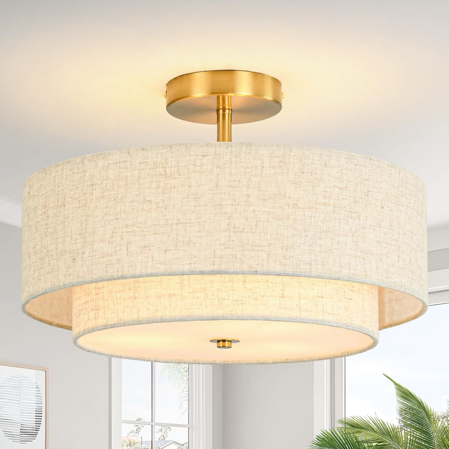 16" Semi Flush Mount Ceiling Light, 3-Light Gold Drum Ceiling Light Fixture with 2-Tier Fabric Linen Shade, Farmhouse Chandelier for Dining Room, Living Room, Bedroom, Kitchen, Hallway, Entryway
