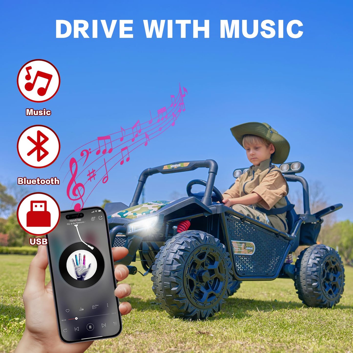 4V Ride on Toy for Big Kids, Kids' 2 Seat Electric Vehicles Outdoor Race Truck Car with 4 75W Strong MotorsBluetooth Speaker and 24V 7AH Big Battery,2 Seat Electric Cars for Kid 3-12 (Woodland)