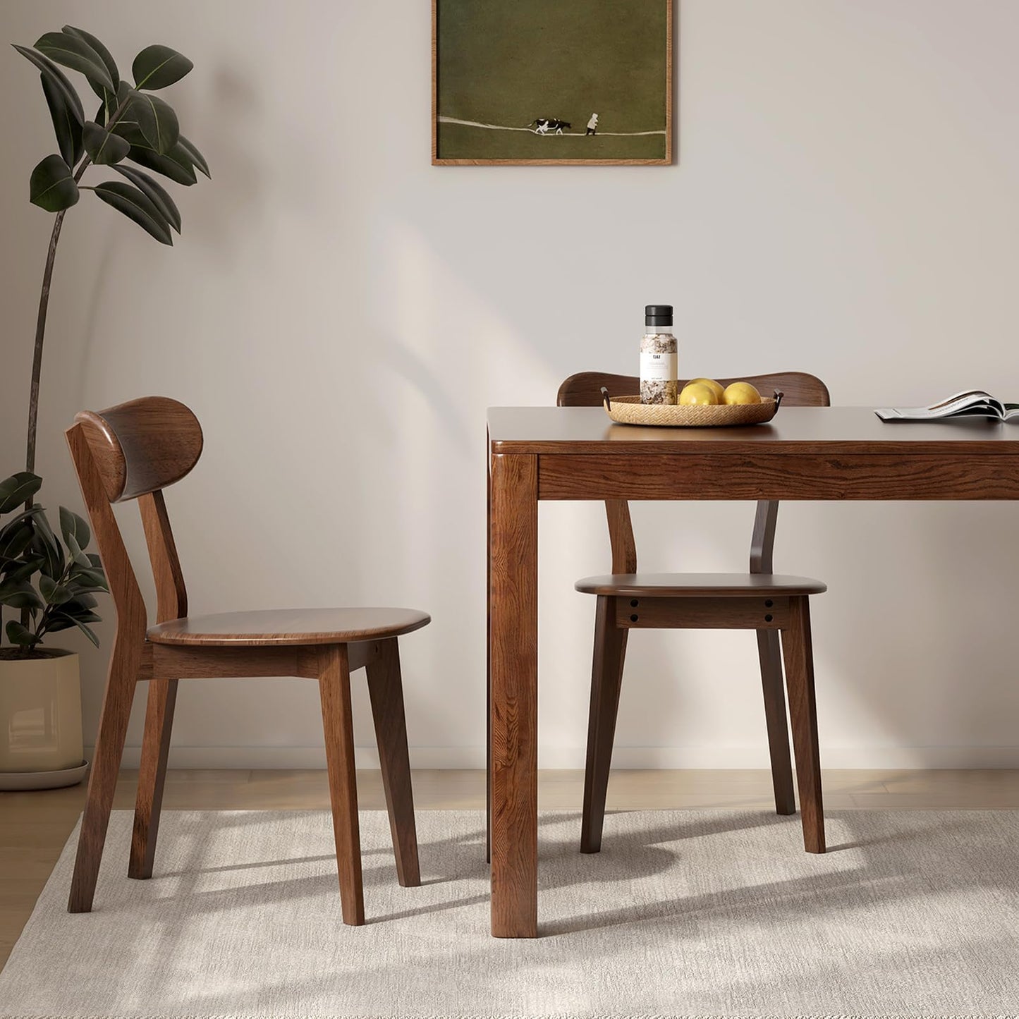 100% Solid Wood Dining Chairs Set of 4, Mid Century Modern Dining Chairs with Curved Backrest, Wooden Desk Chair with Solid Rubber Wood Frame for Kitchen, Dining Room, Study, Living Room, Walnut (4PK)