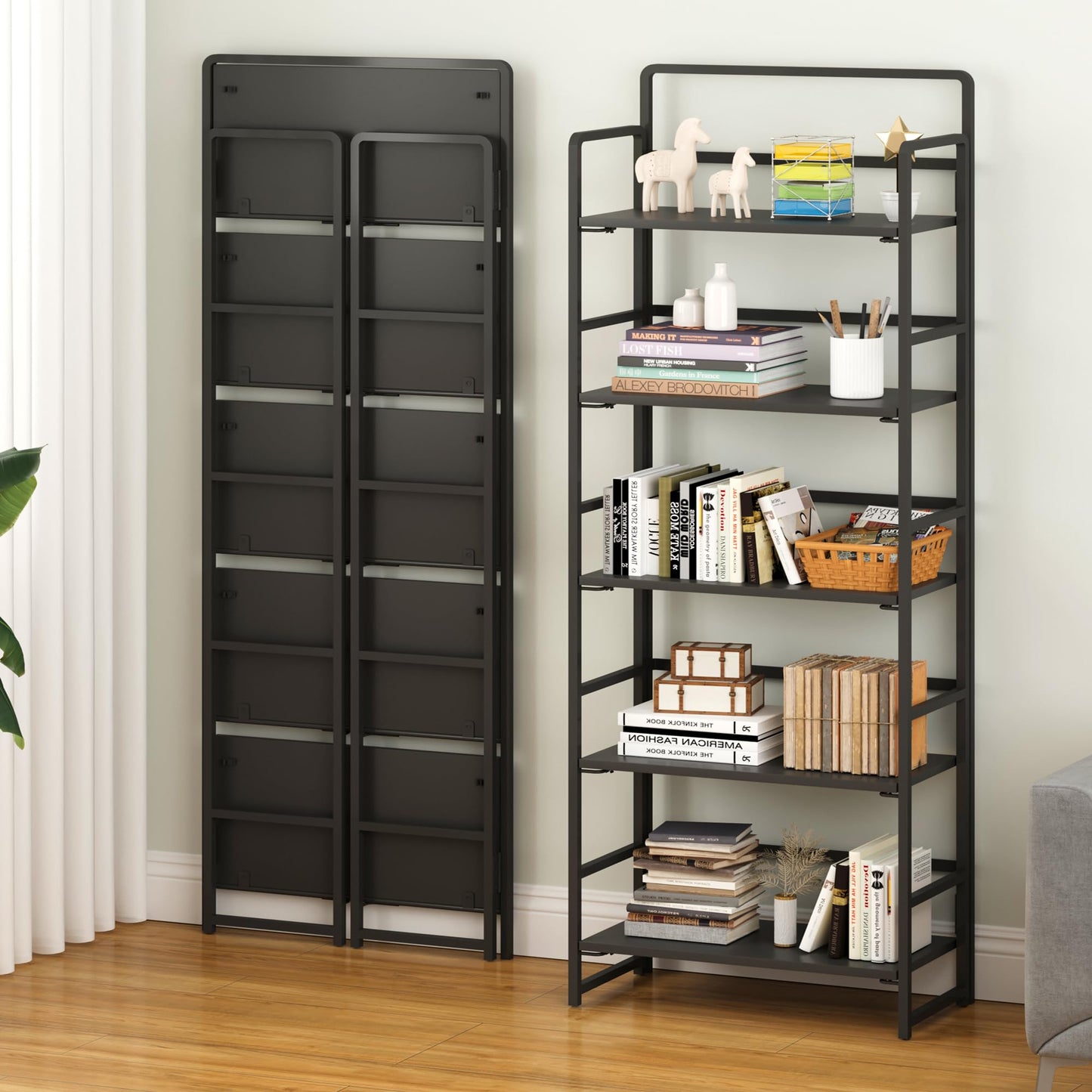 4NM No-Assembly 5 Tiers Folding Bookshelf Storage Shelves Vintage Bookcase Standing Racks Study Organizer Home Office (All Black)