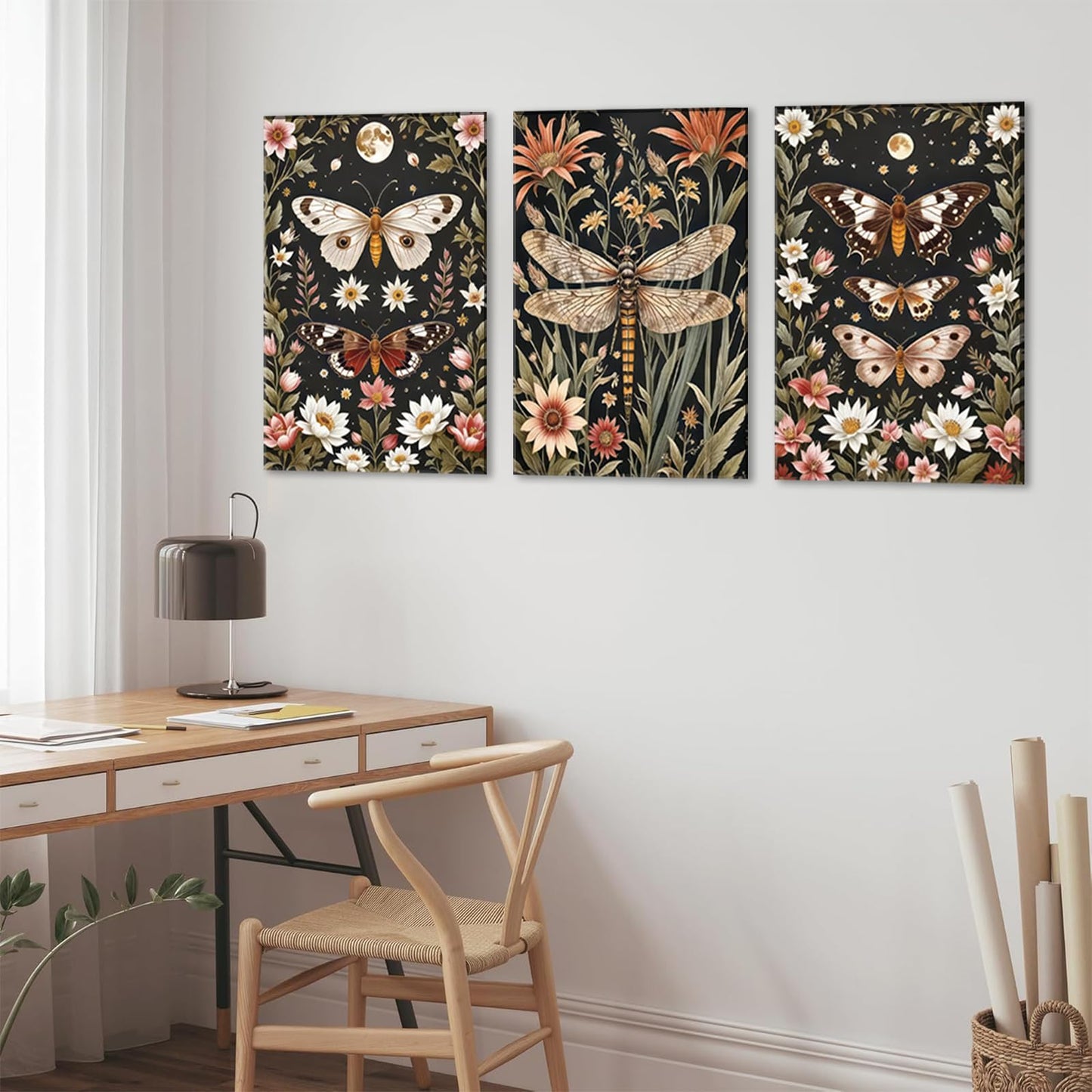 3Pcs Vintage Insect Wall Art Moody Insect Canvas Pictures Butterfly and Dragonfly Prints for Living Room Bedroom Bathroom 12x16in Canvas