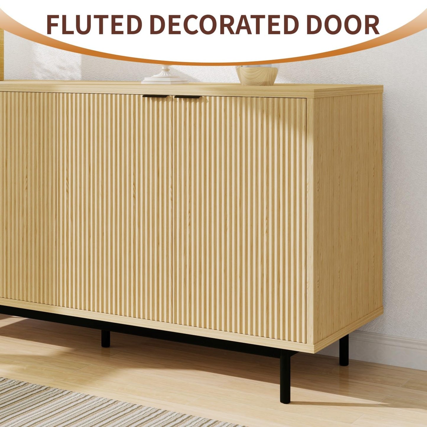 58" Modern Fluted Sideboard Buffet Cabinet in Natural Oak, Accent Storage Console with Adjustable Shelves for Dining Room, Living Room