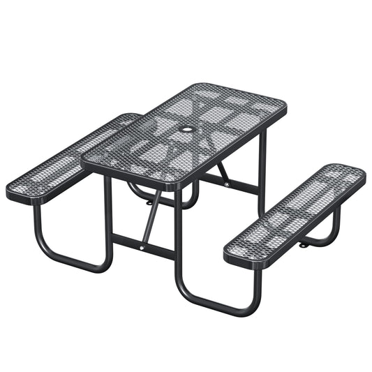 4FT Rectangular Outdoor Picnic Table and 2 Benches Set with Umbrella Hole, Metal Expanded Commercial Steel Heavy Duty Sturdy Picnic Tables Furniture Set for Yard Patio Lawn Party Coffee, Black