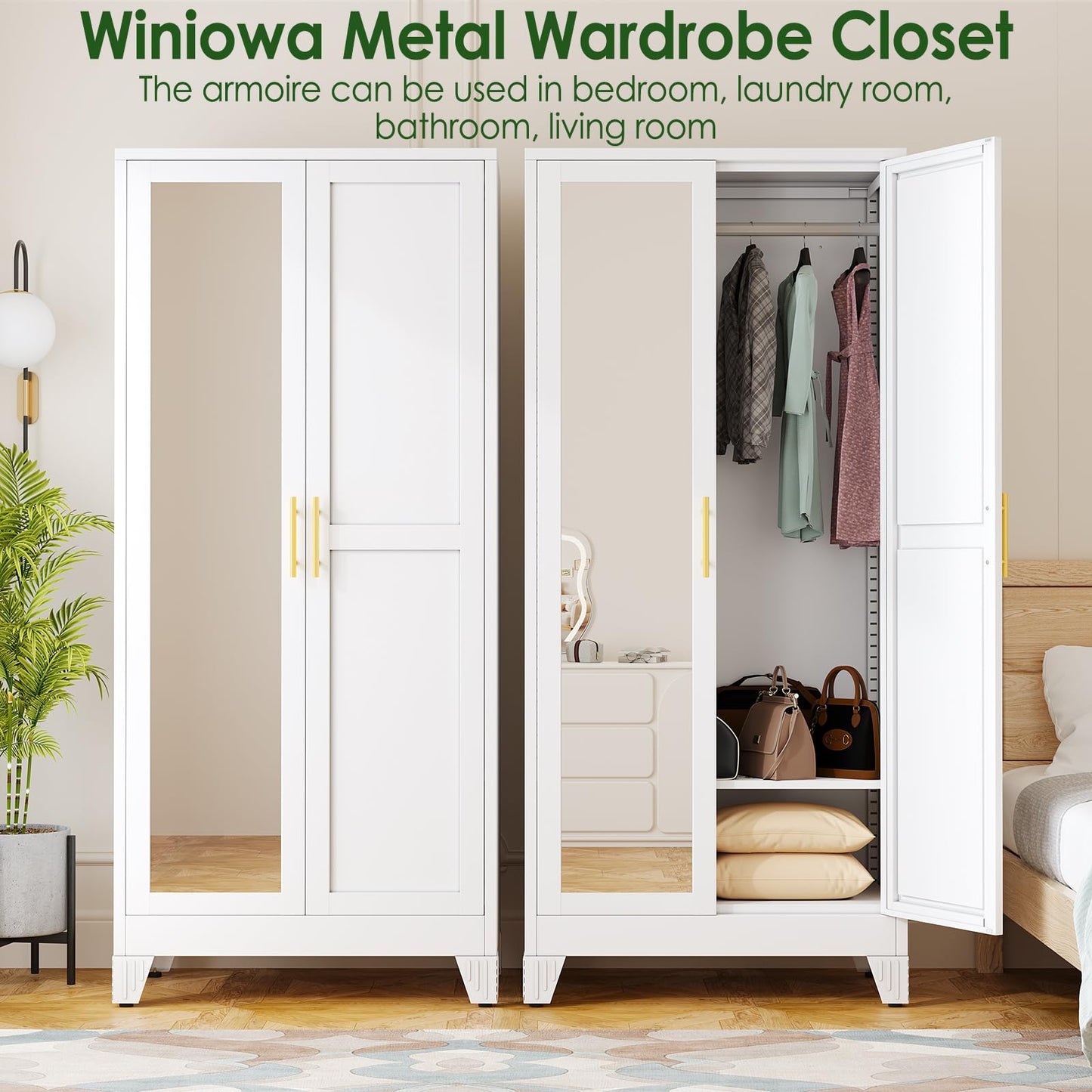 winiowa Metal Armoire Wardrobe Closet with 2 Mirror Doors, 71"' Wardrobe Cabinet with Adjustable Shelves and Hanging Rod, Clothing Storage Cabinet Closet with Mirror for Bedroom-White