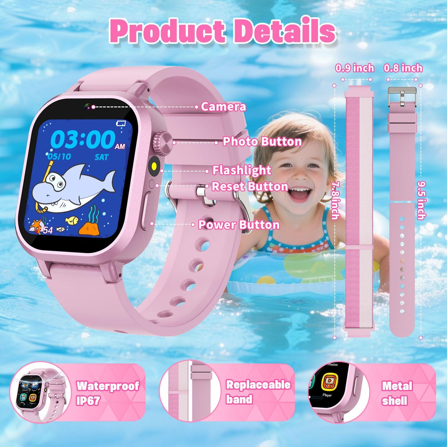 Wiszodet Kids Waterproof Smart Watch Girls Gift Age 3-12 with 39 Game HD Touch Screen Music Player Video Camera Pedometer Alarm Clock Birthday Gift for 6 7 8 9 Year Olds Pink