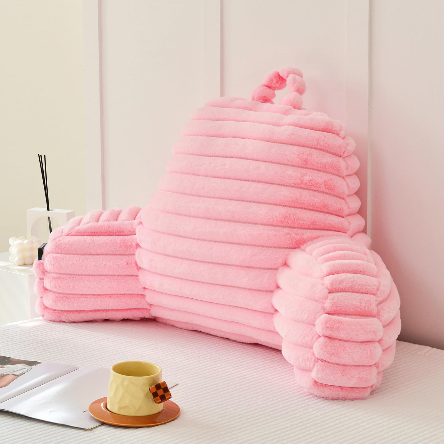 Yaoshuho Large Reading Pillow for Adults, Back Support Pillow for Sitting Up in Bed with Arms, Couch for Lounging Bedrest, Pink
