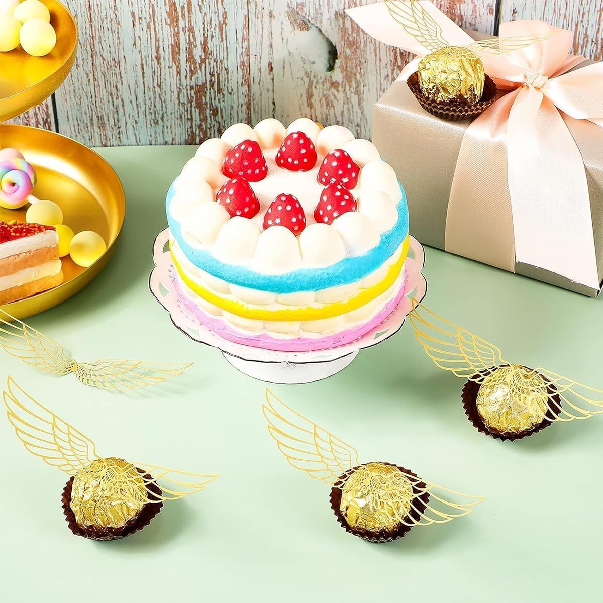 103 Pcs Wizard Party Chocolate Decoration, with 3 PCS Gold Goal Posts, 50Pcs Golden Wings Chocolate Wafer Cupcake Toppers with 50Pcs Glue Point for Birthday Wizard Theme Party Supplies