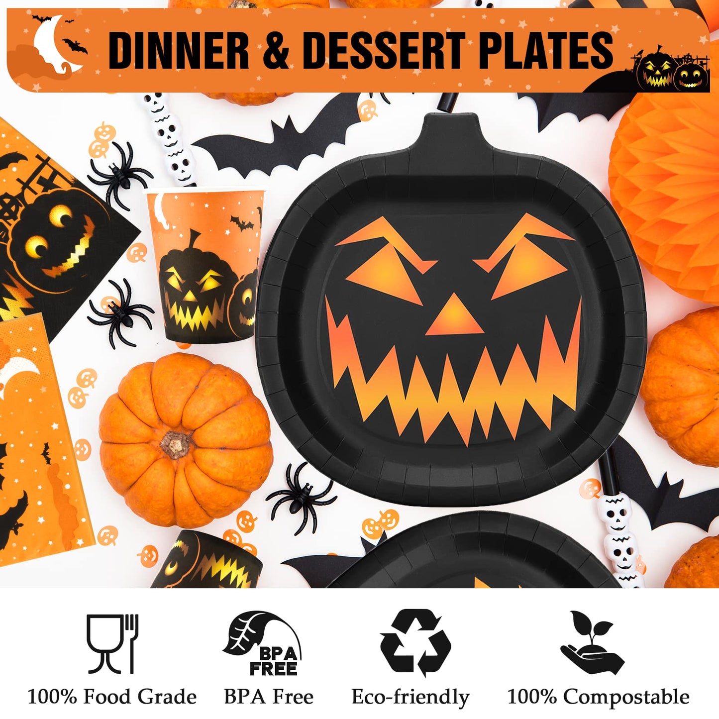 150Pcs Halloween Plates and Napkins Cups Party Supplies Disposable Dinner Dessert Appetizer Cutlery Plates Dinnerware Sets Black Pumpkin Jack-o'-lanterns Orange Spooky Decorations