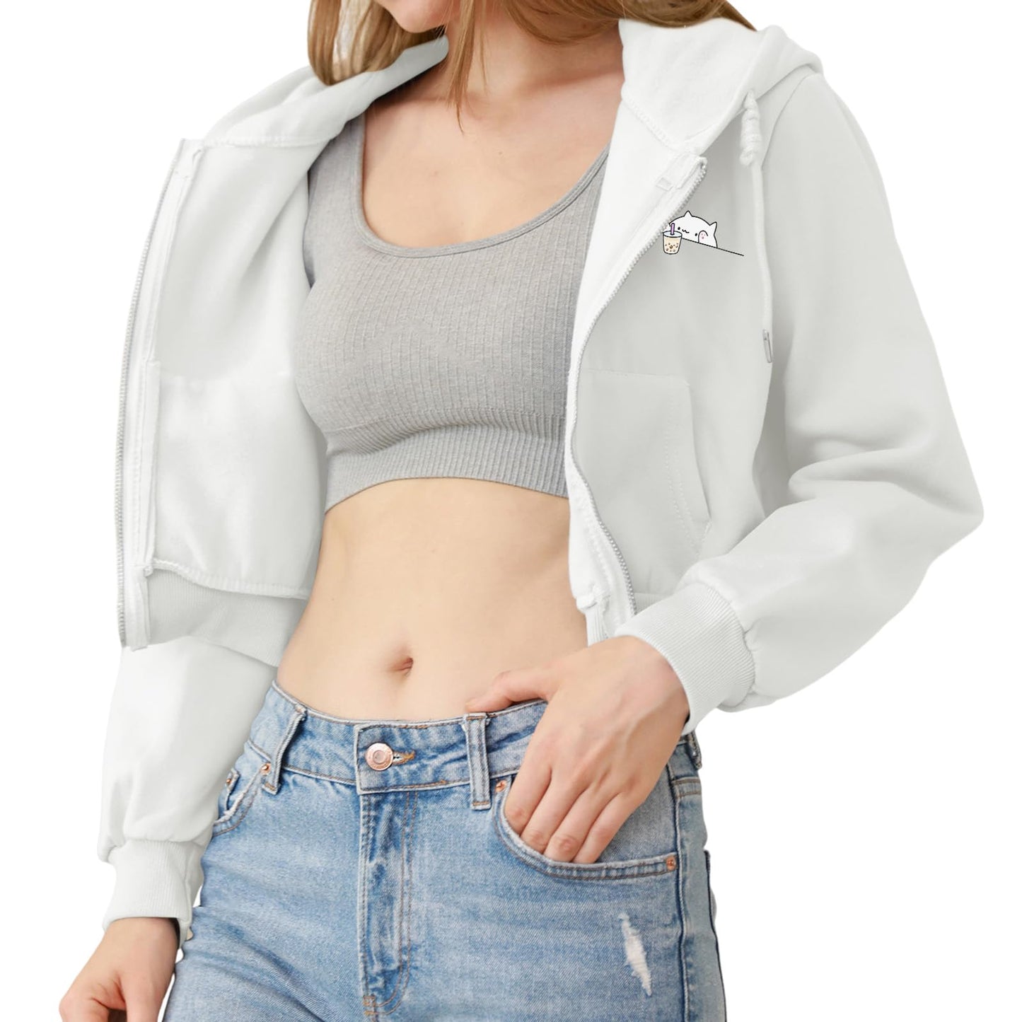Wrenpies Cute Cropped Zip Up Hoodie for Teen Girls Cartoon Cat Graphic Kawaii Aesthetic Pockets Hooded Sweatshirts Jackets (White,S,Small)