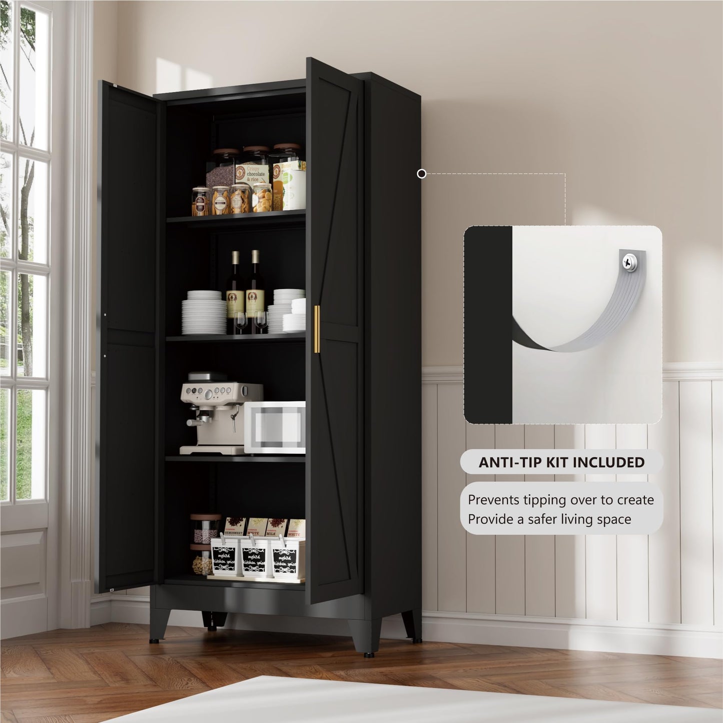 61" Kitchen Pantry Cabinet, Farmhouse Metal Storage Cabinet with 2 Doors and 3 Adjustable Shelves, Metal Pantry Closet Cabinets for Kitchen Bathroom, Home Office, Living Room