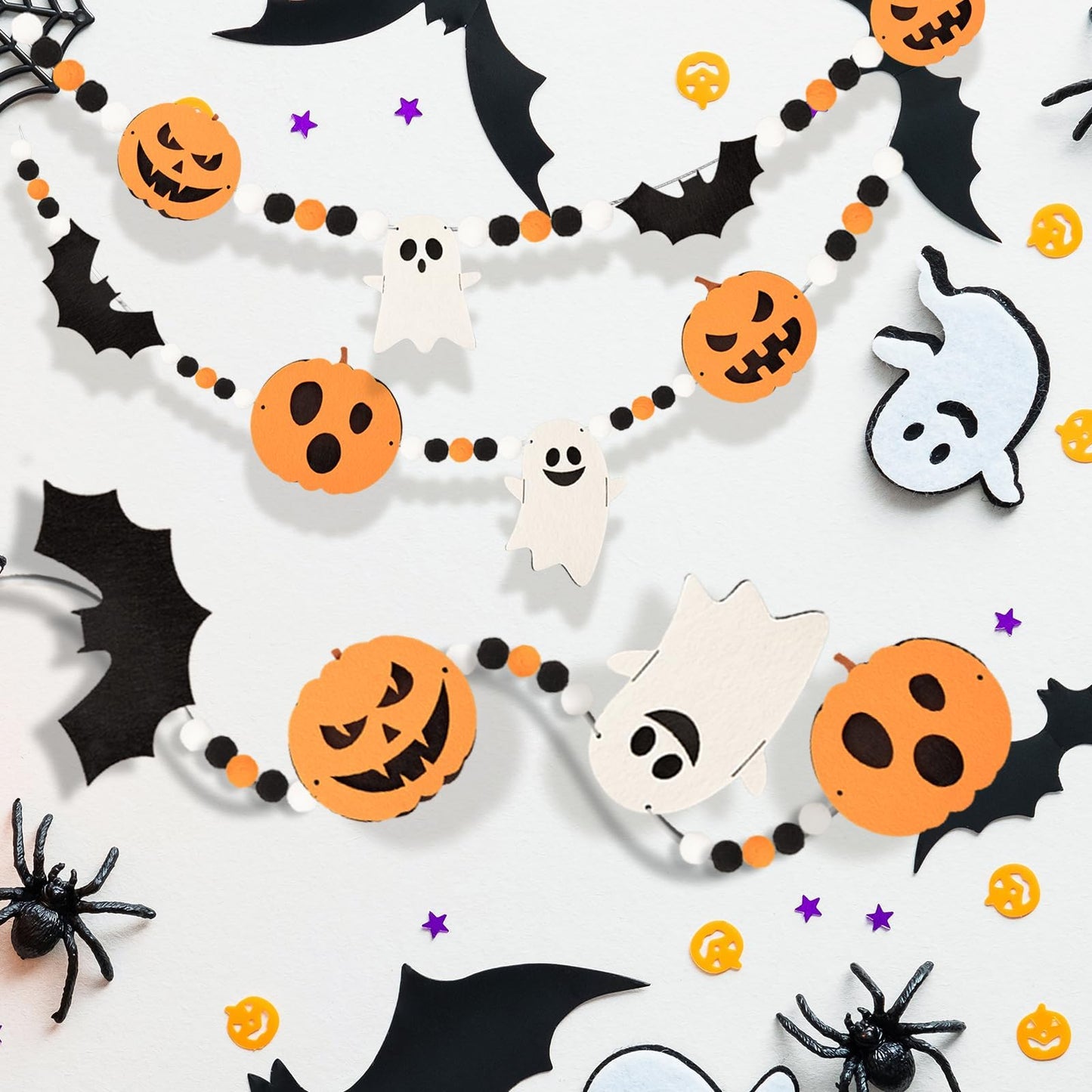 24.6Ft Felt Banner - Cute Pumpkin Ghosts Expressions Bat Pom Pom Garlands - Halloween Party Decorations - Indoor/Outdoor Hanging Decor
