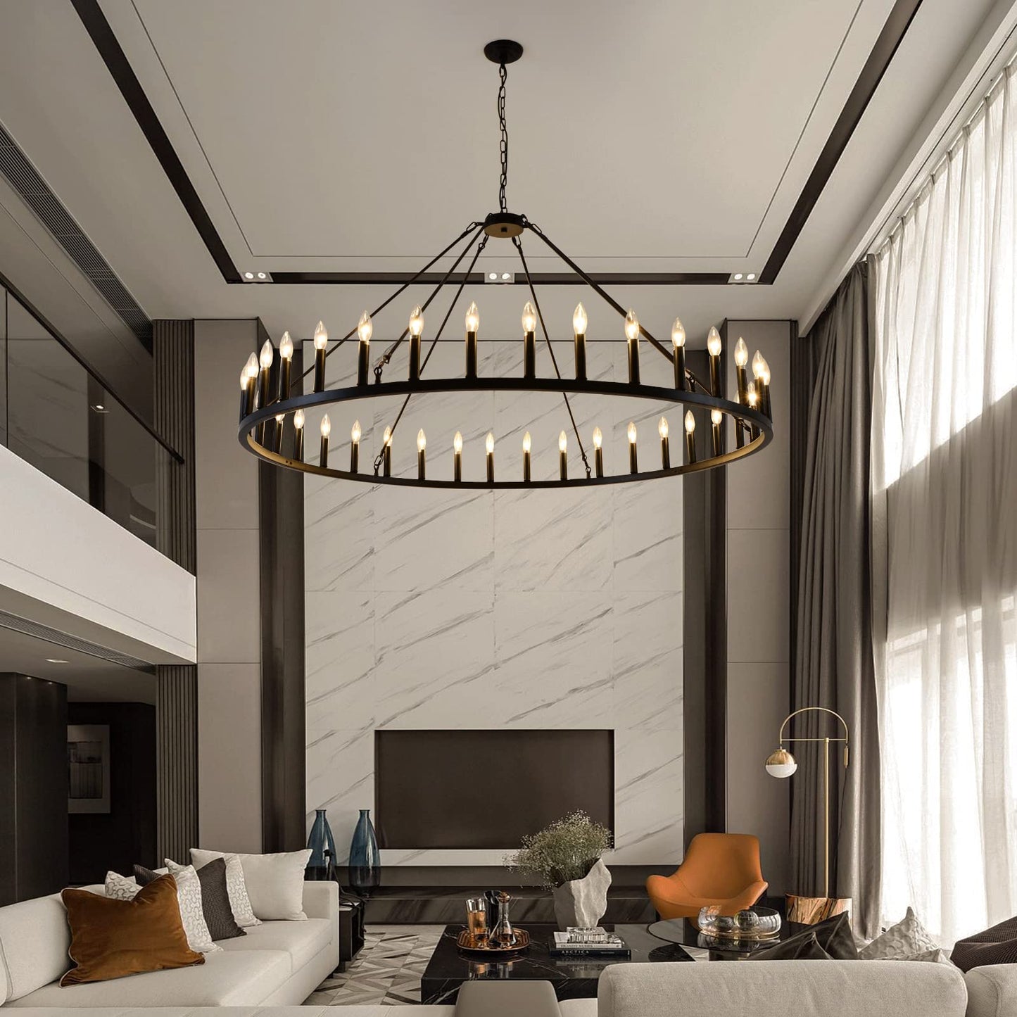 Wagon Wheel Chandelier 36-Light 60-Inch, Farmhouse Industrial Style Chandelier Rustic Candle Pendant Lighting Extra Large for High Ceilings, Living Room Foyer -WOGON WEEL