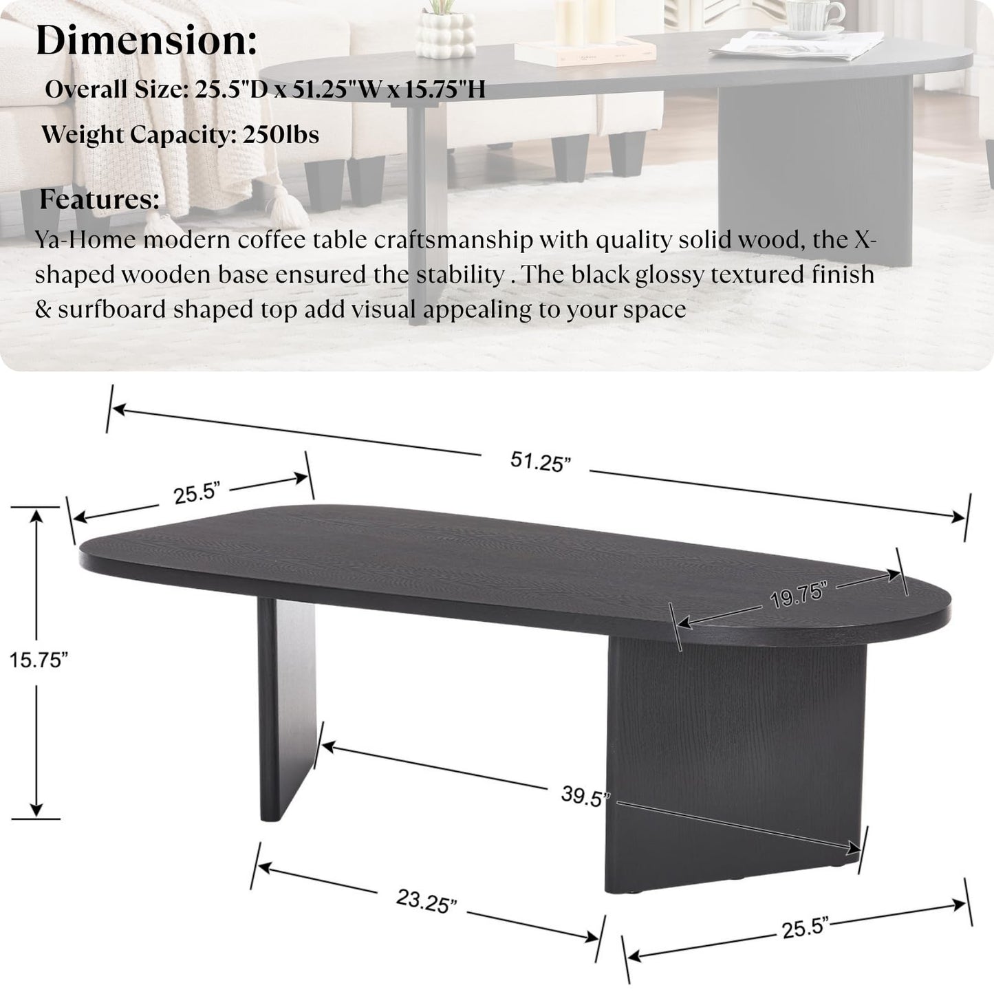 Ya-Home Black Coffee Table, Mid Century Modern Living Room Table with Irregular Surfboard Shape Top Solid Base, 51” Side Table Reception End Table for Office, Balcony, Black