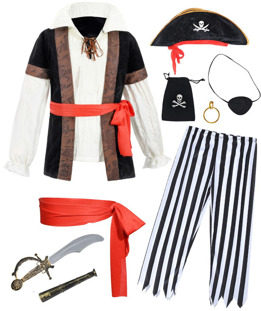 9 PCS Pirate Costume Kids Coat Pants Hat with Accessories Deluxe Set for Party Cosplay 6-7 Years