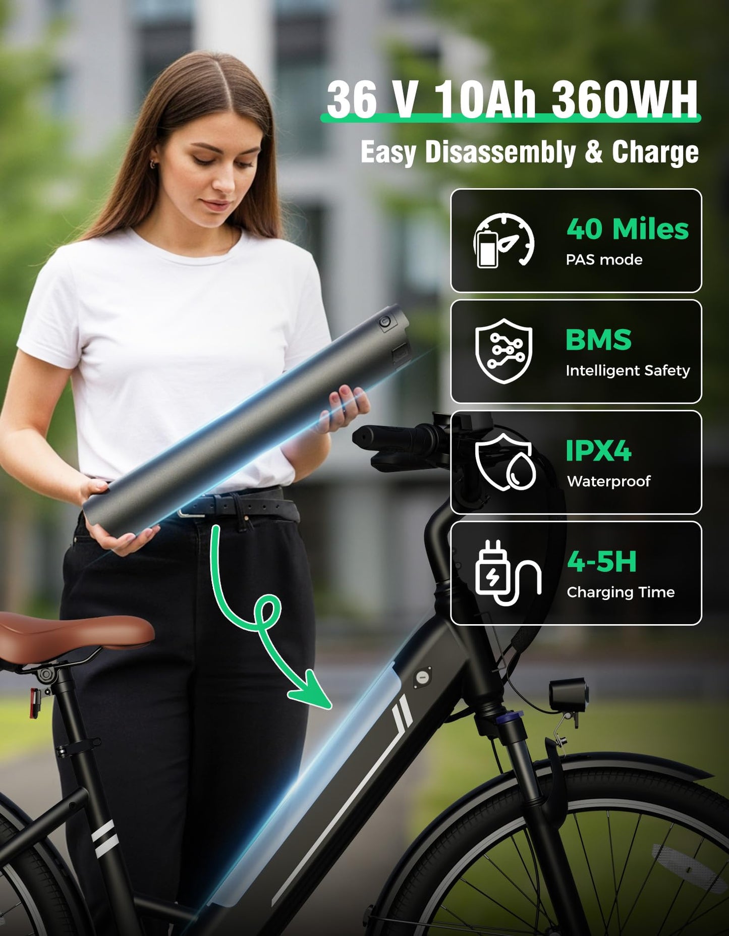 YOLOWAY Electric Bike for Adults, 26" Up to 1000W Peak Motor E-Bike, 25 Mph 40+ Mile Range Brushless City E-Bike, with 360Wh Removable Battery, 7 Speeds & Front Suspension for Commuting, Outdoor