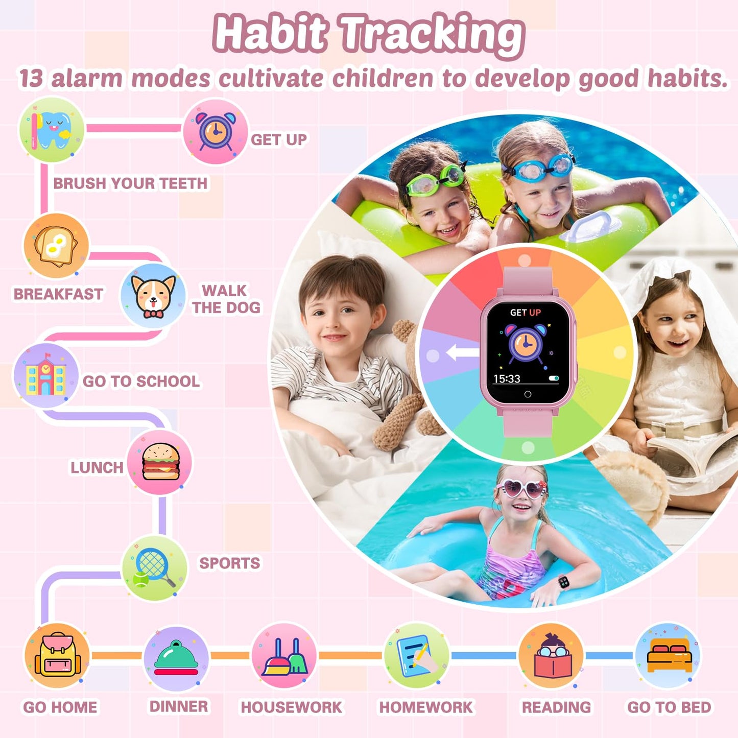 Waterproof Smart Watch for Kids Gift for Girls Age 5-12 with 32 Games, Dual Camera, Habit Tracking, Music Player, Video, Alarm Clock, HD Touchscreen Kids Smart Watch Birthday Toys for 3-12 Year Old