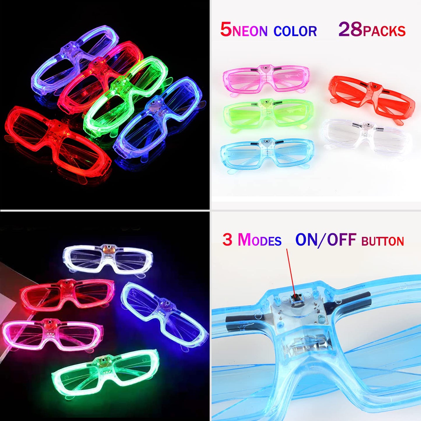 28 Packs LED Glasses 5 neon color 3 Light Modes Glow Sticks Light Up Glasses,Glow In The Dark Party Supplies Favors for Kids Adults Flashing toy fit Valentine's Day Easter Christmas Halloween Birthday