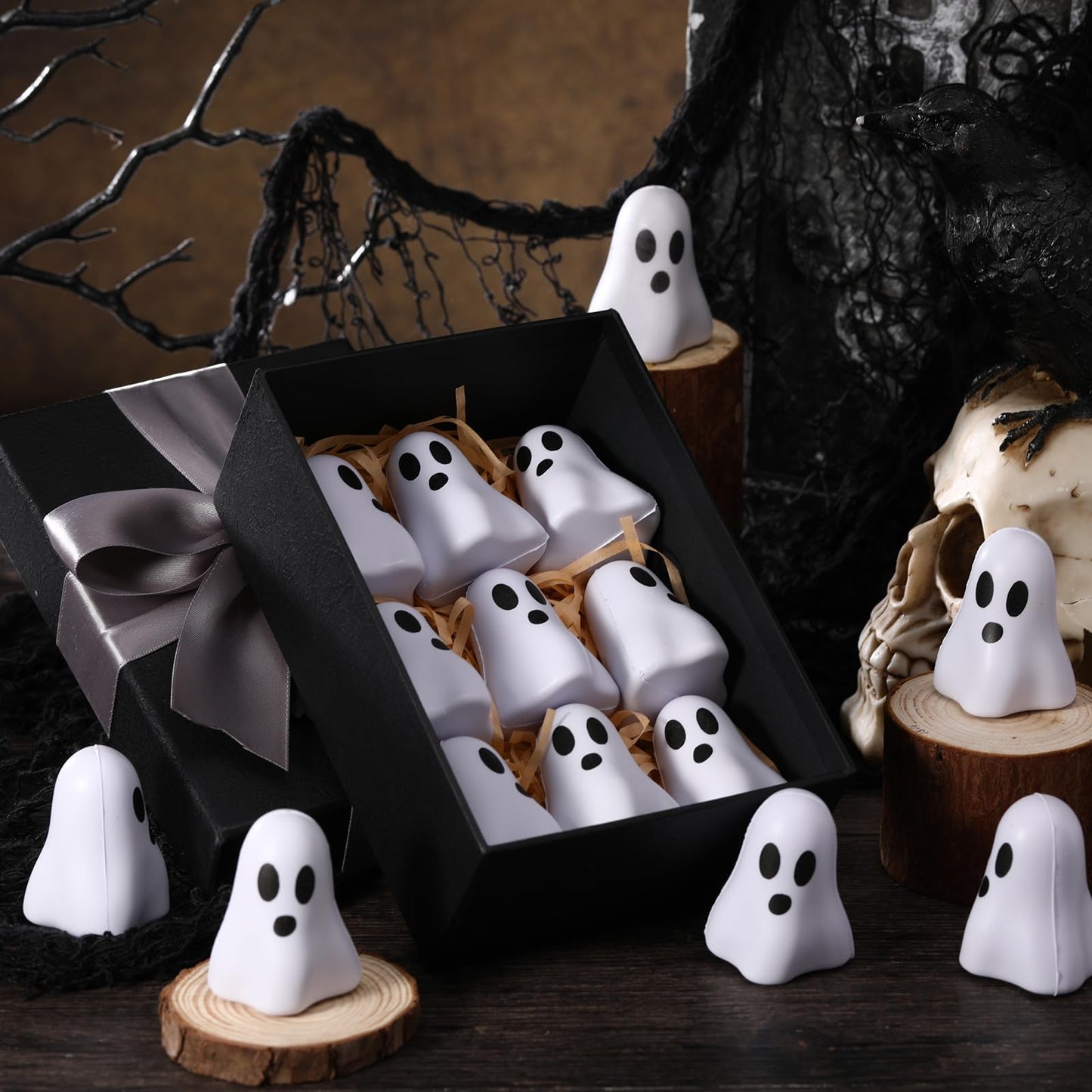 Wettarn 24 Pcs Halloween Ghost Stress Balls Bulks Halloween Stress Relief Balls Party Gifts Toys Soft PU Squeeze Ghost Ball Party Favors for Hand Wrist Finger Exercise