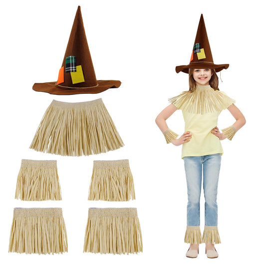 6PCS Scarecrow Costume Set Halloween Witch Hat Straw Kit Wizard Witch Hillbilly Costume Accessories Neck Arm Ankle Ties Party Cosplay Fancy Dressup Burlap Scarecrow Hats Zombie Demon Costume Hats