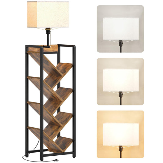 YATINEY Tree Bookshelf with Light, 6 Tier Book Shelf, Wooden Bookcase for Narrow Space, Floor Standing Tall Bookshelf, Industrial Corner Display Shelf, Rustic Brown SJ08DBR