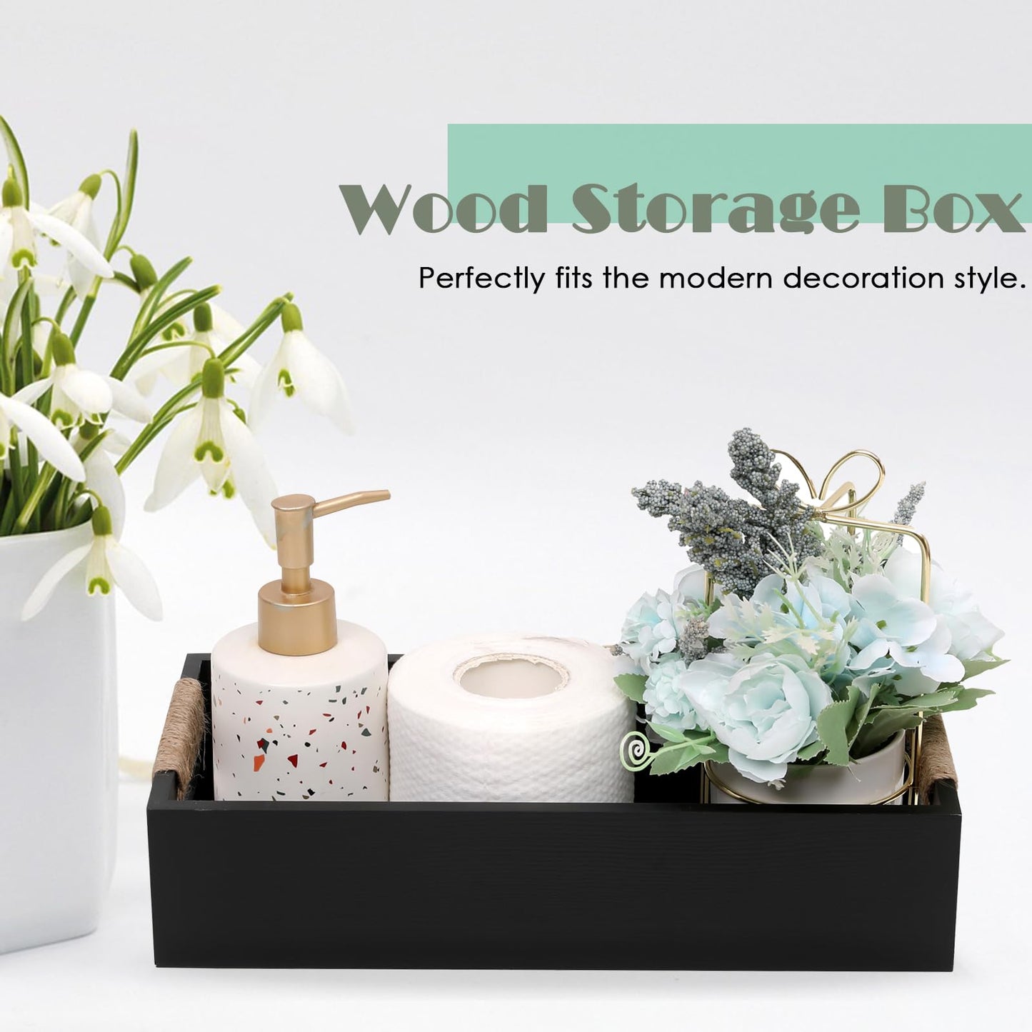 WSIFACA Black Decor Box Bathroom Wooden Toilet Tank with Rope Handles, Farmhouse Toilet Storage Basket for Bathroom Living Room Table Counter