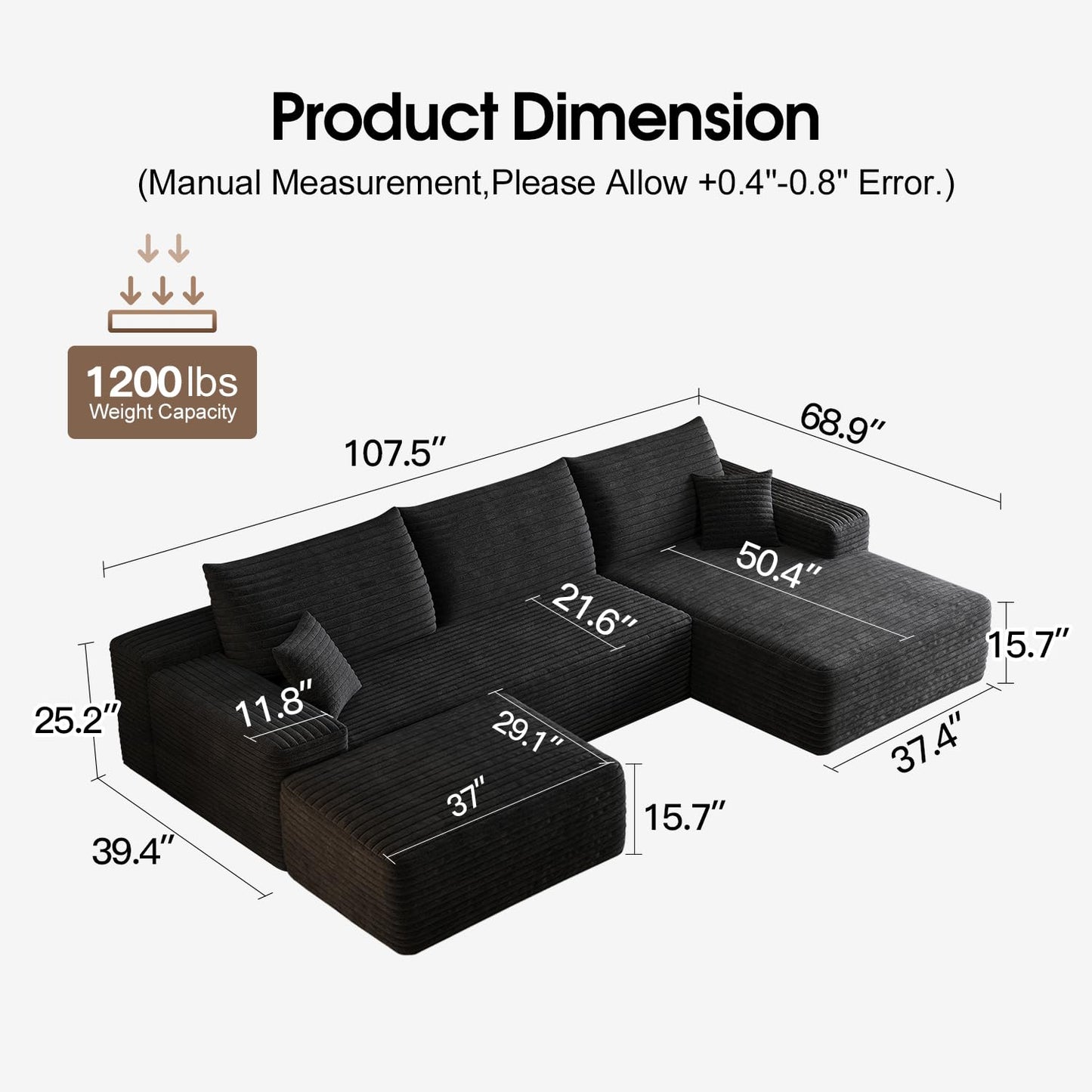 107" Comfy U-Shaped Sectional Modern Boneless Corduroy Couch with Chaise ‌and Ottoman‌ - No Assembly Required! Deep-Seat, Upholstered Modular Cloud Sofa for Living Room, Plush Corduroy Fabric(Black)