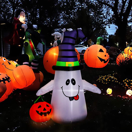 VIVOHOME 5FT Halloween Inflatable Yard Decor, White Ghost with Pumpkin, Outdoor Blow Up with Built-in LED Light for Lawn, Garden, Party