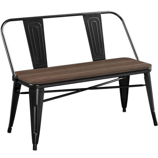 Yaheetech Industrial Metal Dining Bench Mid-Century Farmhouse Bench with Wooden Top Seat and Removable Backrest for Kitchen/Garden, Black