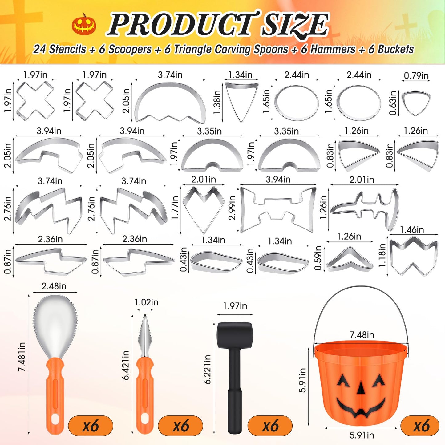 Winnerwhy 48 Pcs Halloween Pumpkin Carving Kit Pumpkin Carving Tools 24 Pcs Stainless Steel Pumpkin Carving Stencils, 6 Gut Buckets, Easy Safe 18 Carving Tools Set for Halloween Decorations