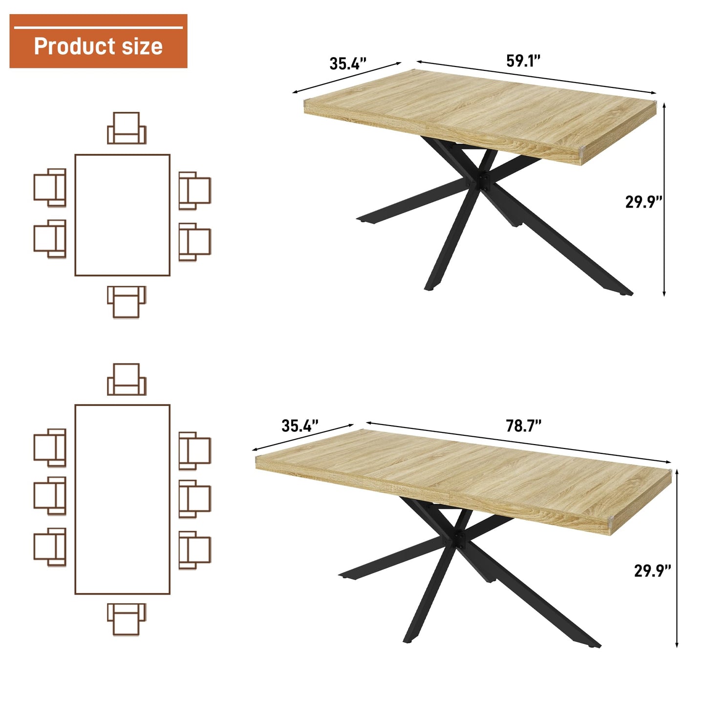 59In-78Inch Extendable Rectangular Dining Table for 6 8 People, Wood Long Dining Room Table W/Removable Leaves,Space Saving,Modern Dinner Table W/Waterproof Tabletop&Metal Legs for Kitchen Living Room