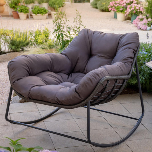 Yechen Outdoor Indoor Papasan Rocking Chair, Wicker Cozy Chair with Cushion, Oversized Outdoor Patio Reading Chair, Egg Chairs for Bedroom/Living Room/Porch/Garden/Lawn, Charcoal Grey