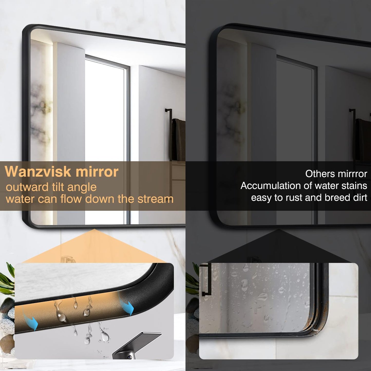 Wanzvisk Black Framed Mirrors for Bathroom,40 x 30 Inch Rounded Conner Rectangle Mirror for Wall, Matte Black Vanity Mirror with Tempered Glass,Anti-Rust,Hangs Horizontally or Vertically