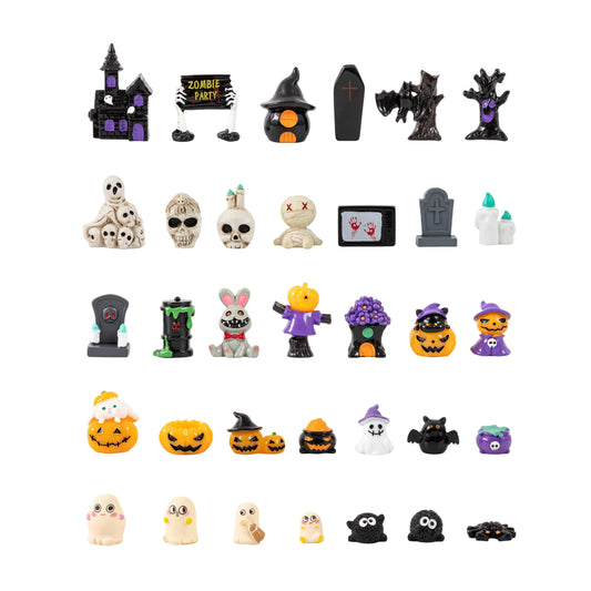 34pcs Mini Halloween Figurines-34 Styles Halloween Miniatures Resin Skull Tombstone Pumpkin Decoration Mini Figures to Hide Dollhouse Miniatures