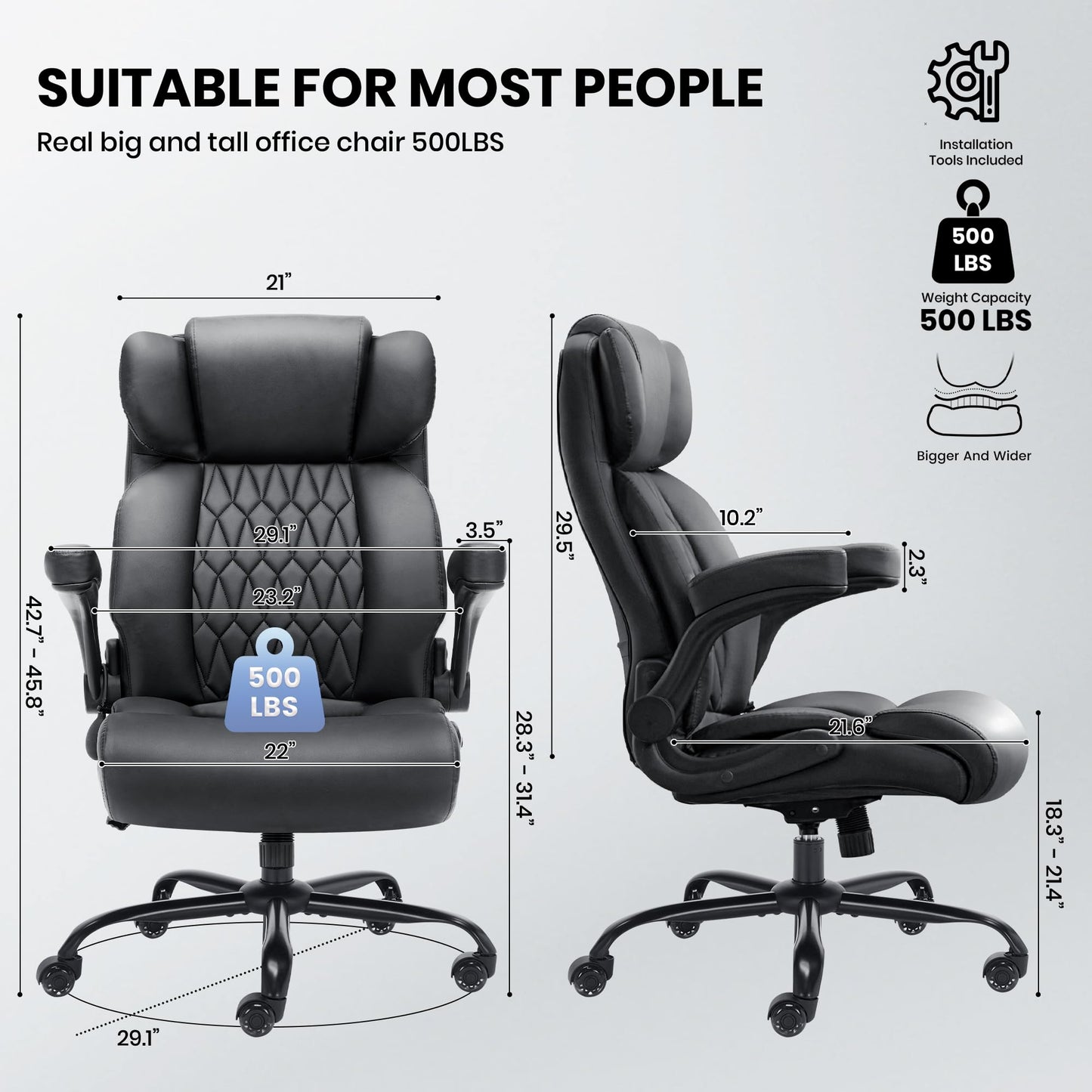500lbs Big and Tall Office Chair Adjustable Lumbar Support for Back Pain, Extra Wide Seat Executive Ergonomic Comfy Computer Desk Office Chair Thick Armrest Pad, Heavy Duty Base&Upgraded Wheels