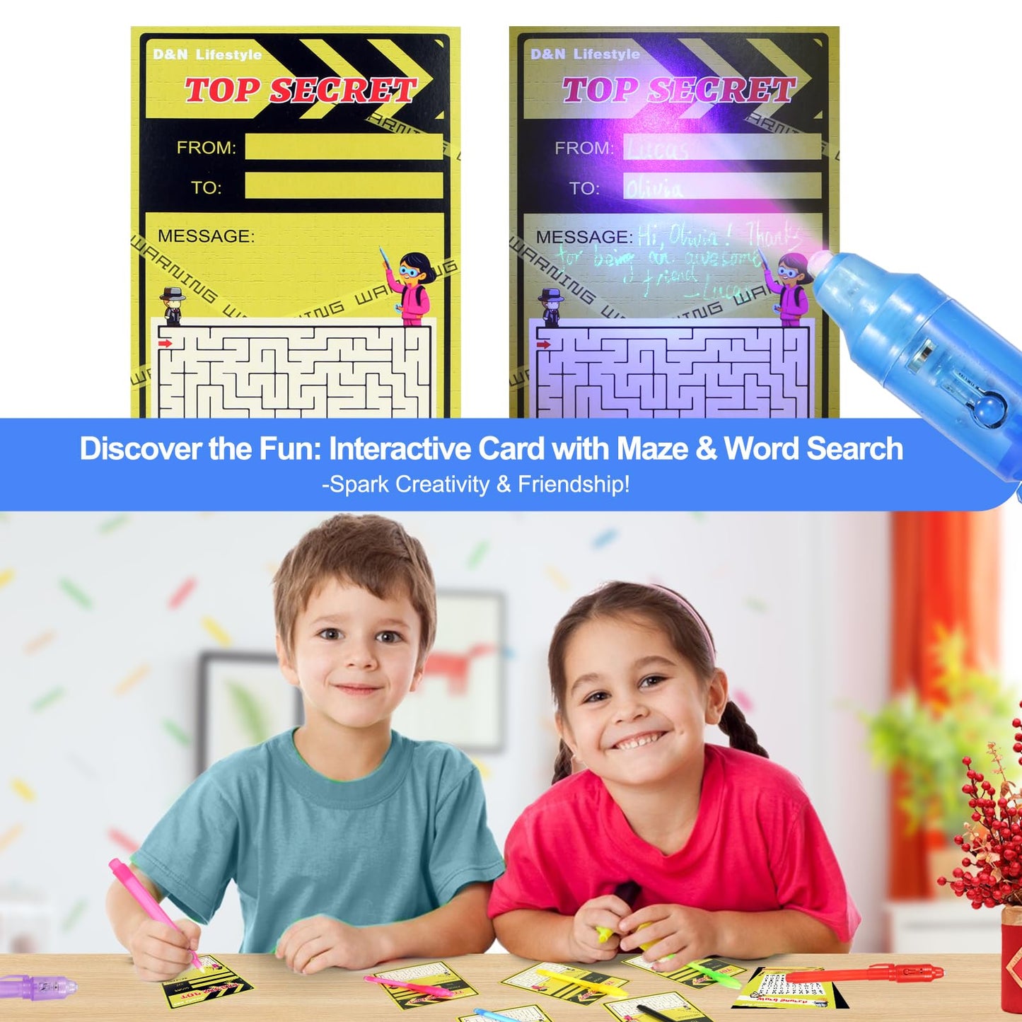 28 Pcs Invisible Ink Pens with UV light for kids, Word Search & Maze Activities Cards Included, Education & Party Favors, End of School Year Gift, Birthday,Halloween, Christmas, Goodie bag stuffers