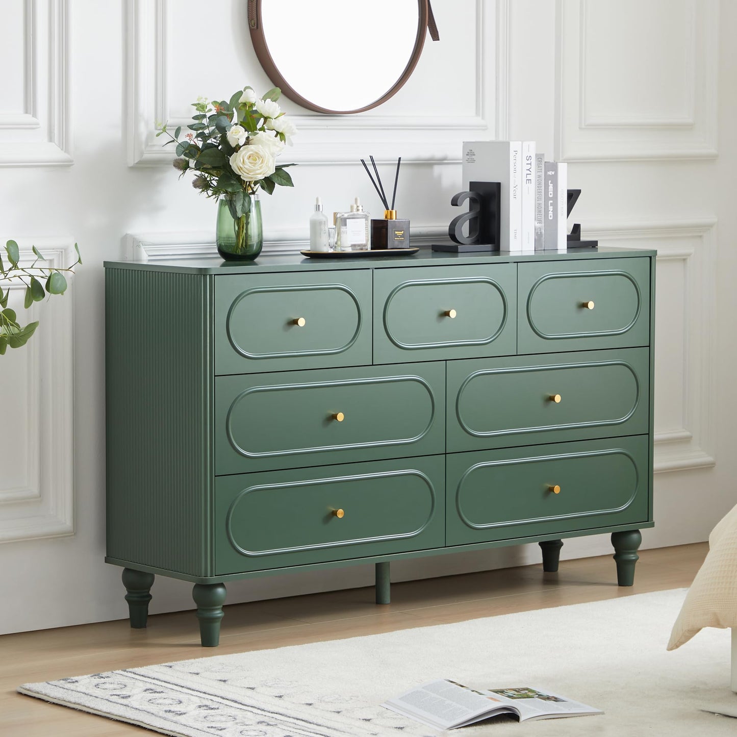 7 Drawer Fluted Dresser for Bedroom, Mid Century Modern Chest of Drawers, Wood Storage Large Dresser Organizer for Bedroom Living Room Hallway Closet, Green