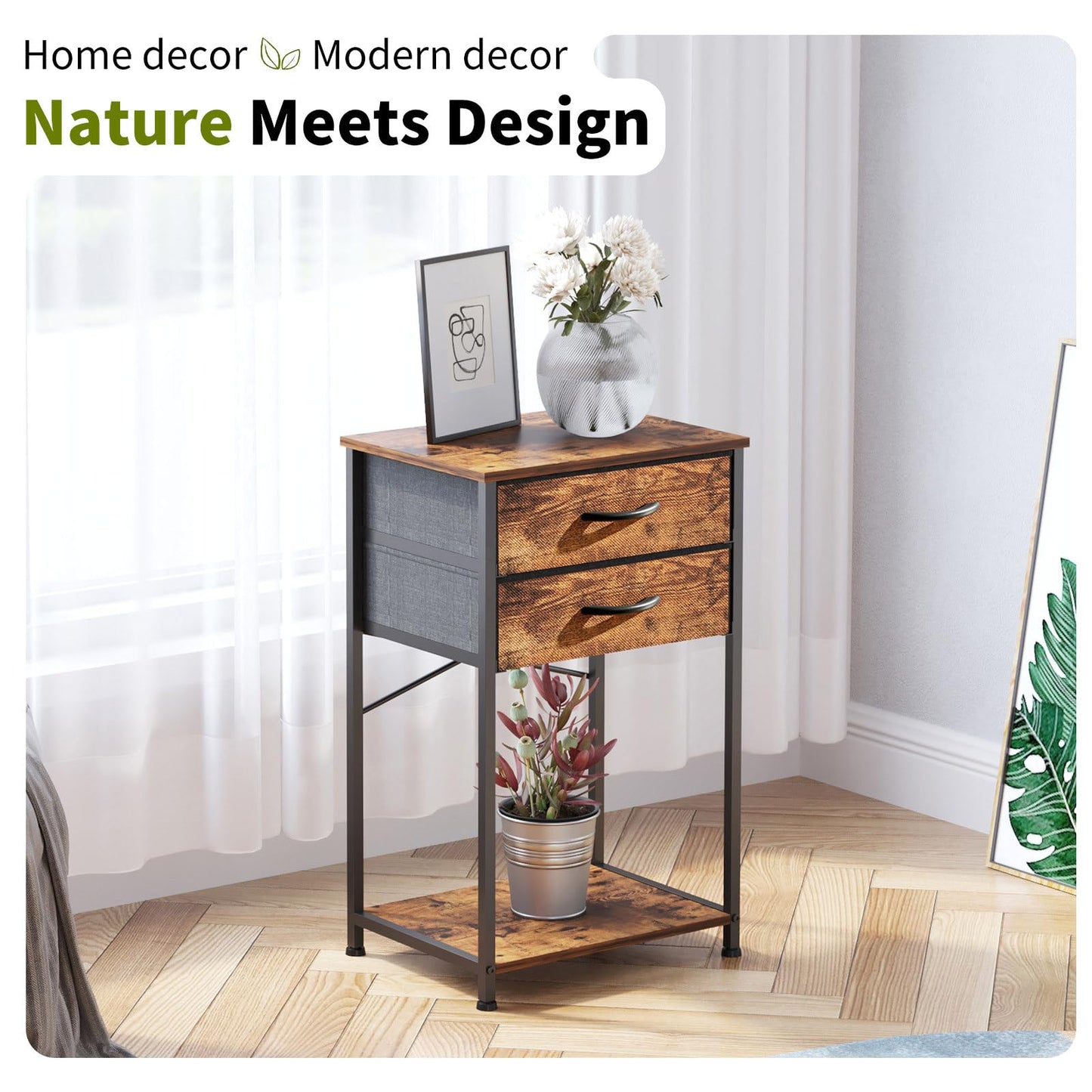 VonDream End Table with Fabric Drawer, Nightstand for Bedroom, Small Printer Stand for Home Office, Side Table with Storage
