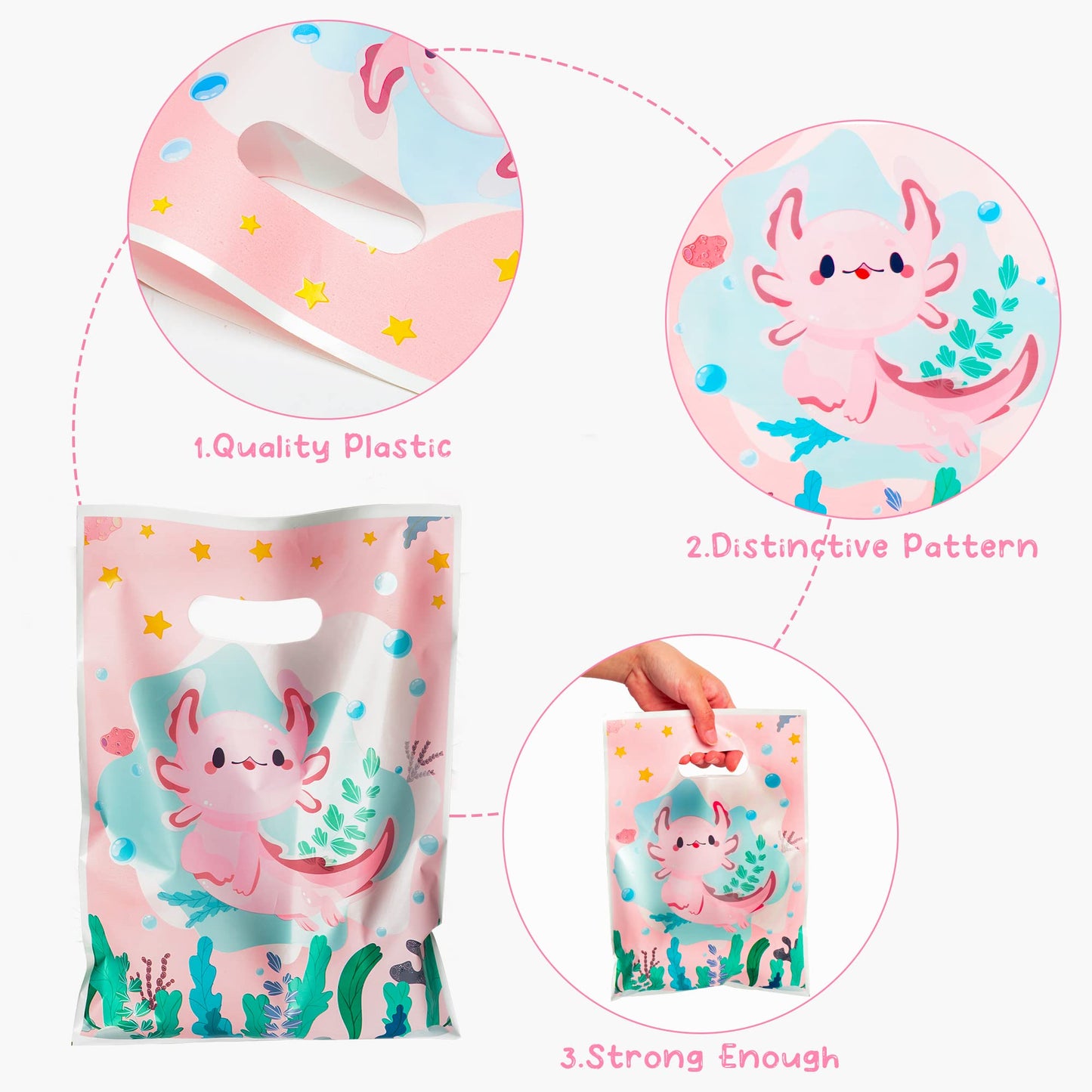 3sscha 50Pcs Axolotl Party Favor Bags Amphibian Themed Waterproof Goodie Bag with Die Cut Handles Reptile Animals Water Plants Plastic Candy Gift Pack for Baby Girl Birthday Baby Shower Decors Supplies