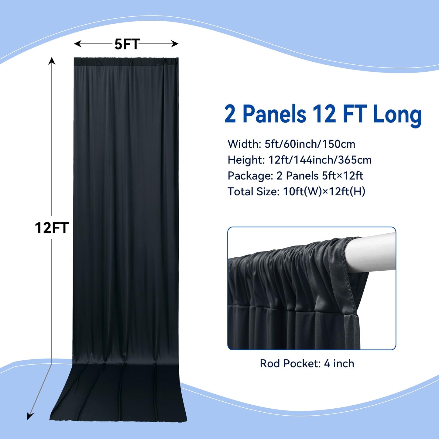 10 x 12ft Wrinkle Free Black Backdrop Curtain,Soft Silky Easy to Draping Polyester Fabric Photo Backdrop Drape, 2 Panels 12 ft Long Back Drop Curtains for Parties Birthday Graduation Background Cloth