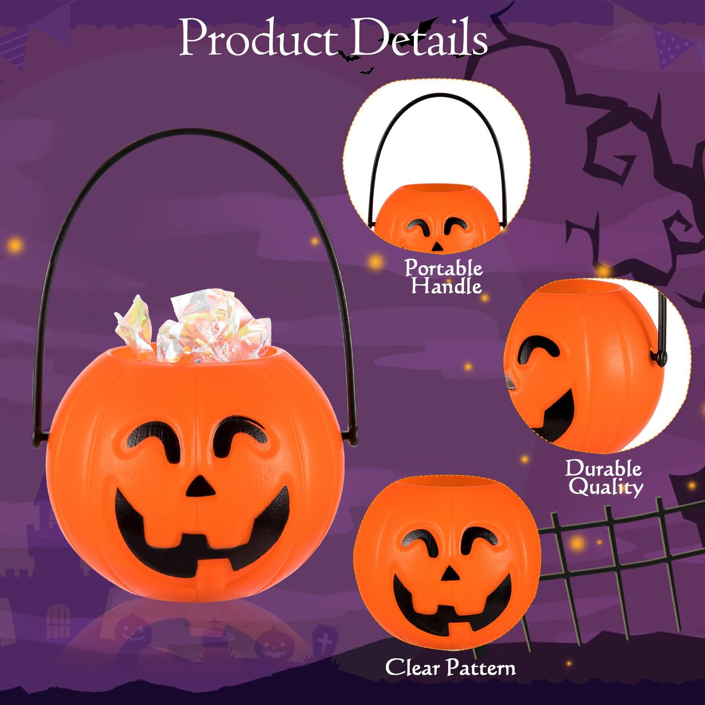 24 Pack Mini Pumpkin Buckets With Handle, Halloween Kids Party Favors Plastic Trick or Treat Bucket, Candy Holder Containers for Decoration