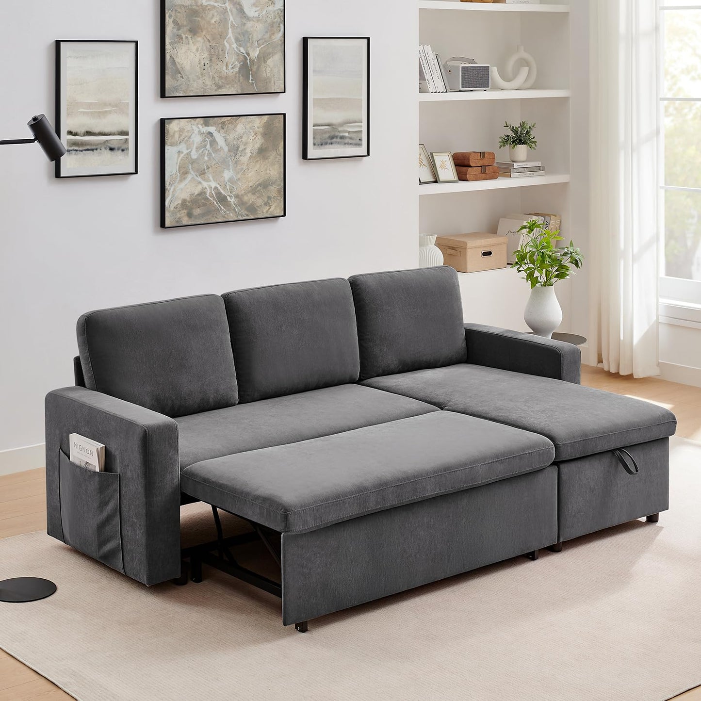 85’’ Sofa Bed, 2 in 1 Sleeper Sofa with Multiple Storage Spaces and Detachable Chenille Cover, Easy to Assemble, Comfy Futon Pull Out Couch for Living Room/Office/Apartment(Grey)