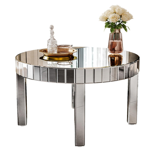 31.5in Round Mirrored Coffee Table, Wood Frame Glass Top Cocktail Coffee Table for Living Room Office, Modern Home Decor Sparkling Circular Sofa Center Table (Silver, 31.3''Lx31.3''Wx17.7''H)