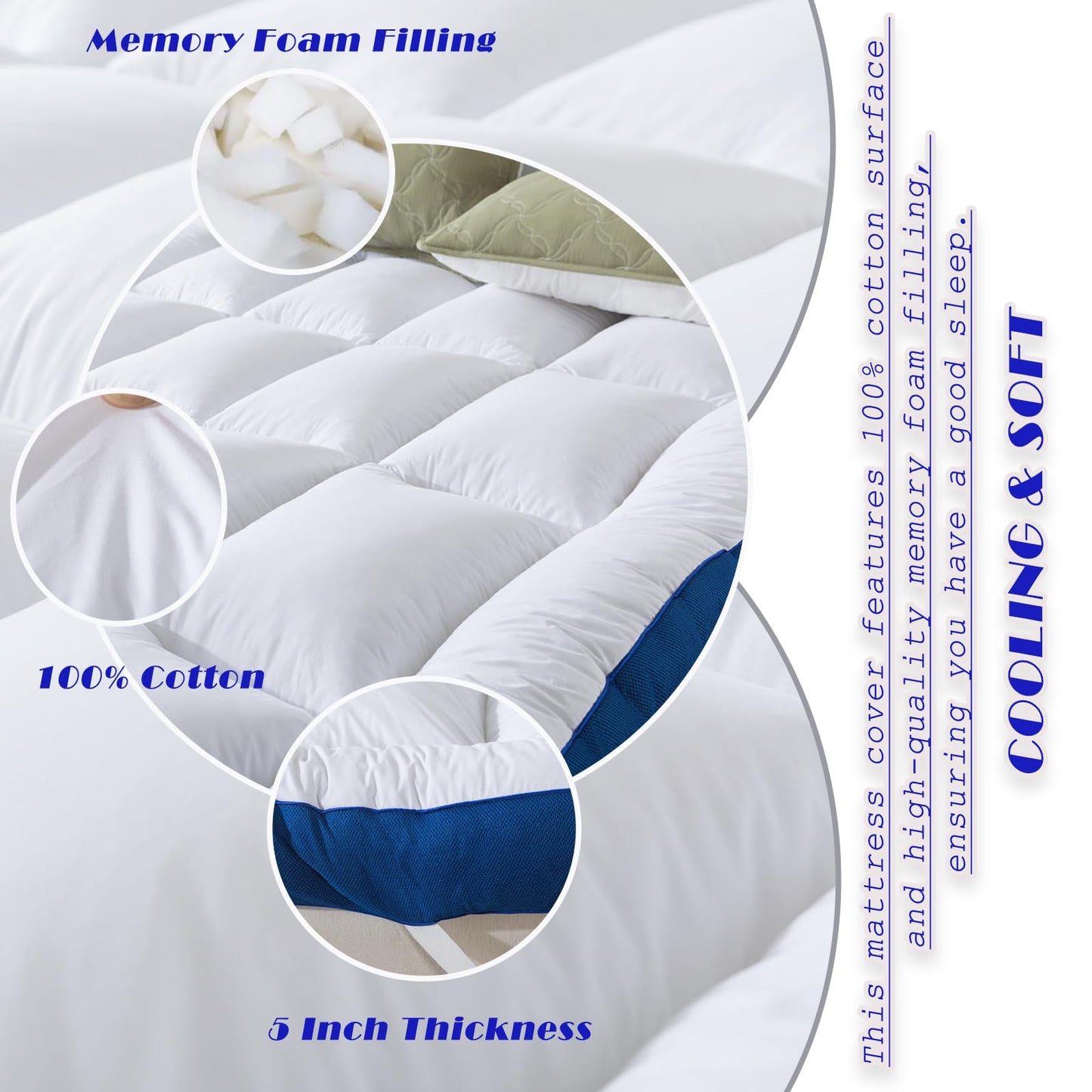 WhatsBedding 5 Inch Memory Foam Queen Mattress Topper 100% Cotton Top, Filled with Breathable & Soft Memory Foam Pillow Top,4 Elastic Straps, 80x60x5 Inch, Queen